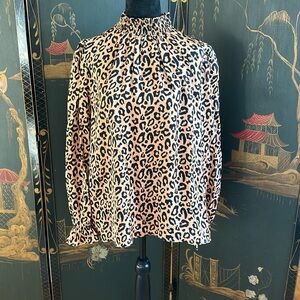 Tucker Tan & black Silk Keyhole Leopard Print Long Sleeve Top - Size L